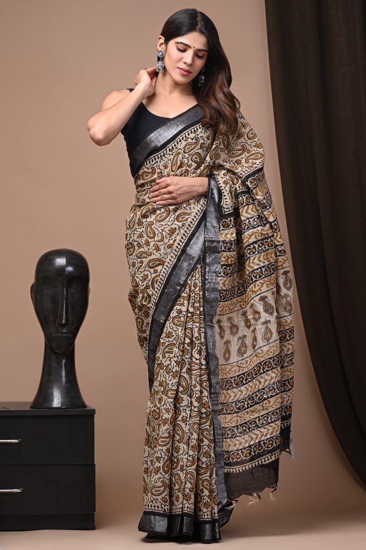 Pure Handmade Handblock Paisley Printed Linen Saree