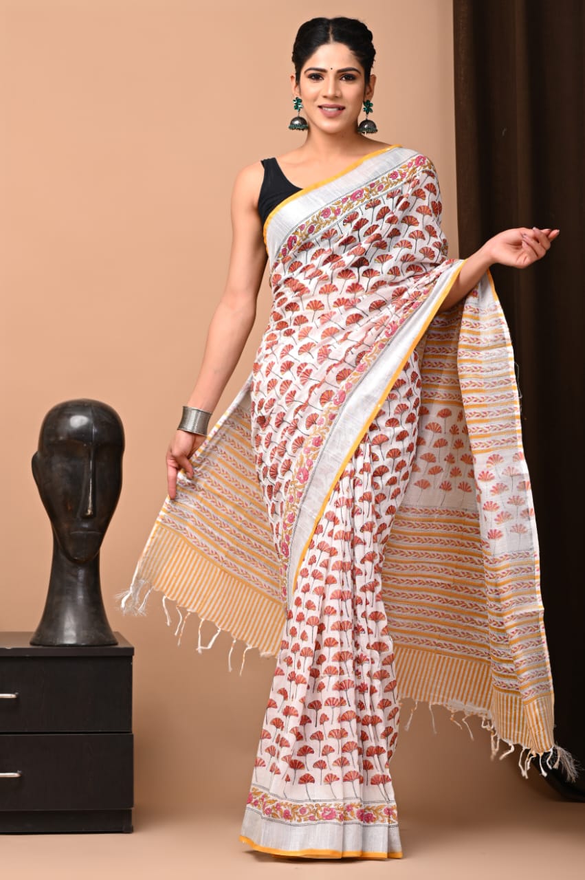 Pure Handmade Handblock Floral Printed Linen Saree