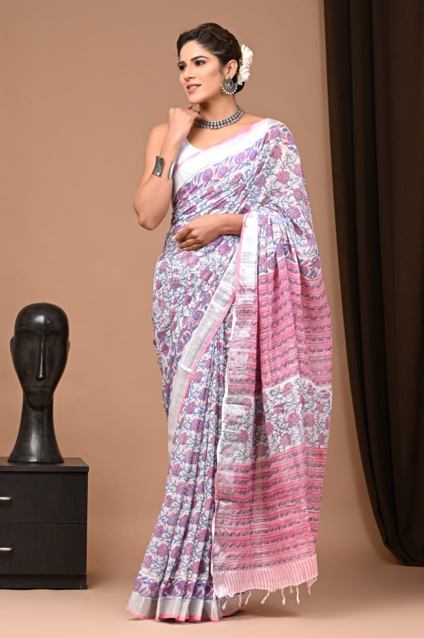 Pure Handmade Handblock Floral Leaves Printed Linen Saree