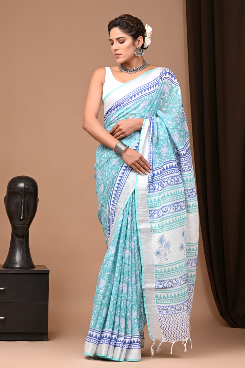 Pure Handmade Handblock Floral Printed Linen Saree