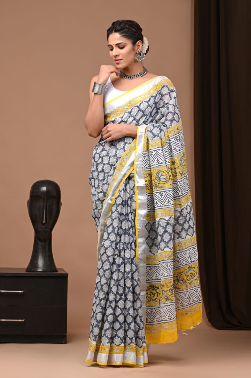 Pure Handmade Handblock Traditional Printed Linen Saree