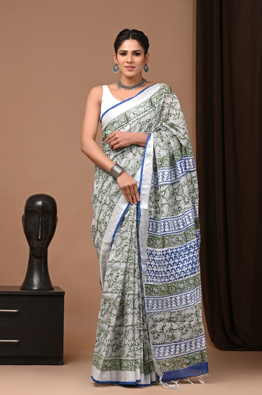 The Wild Green Pure Handmade Handblock Linen Saree