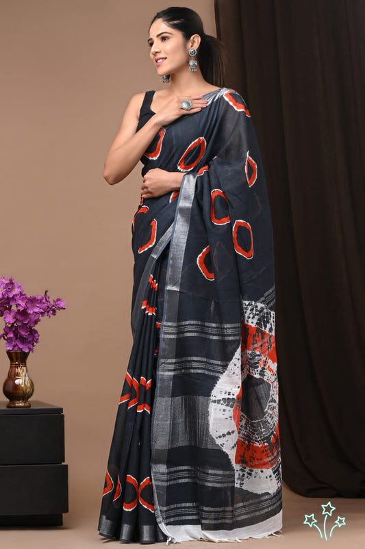 The Classy Black Pure Handmade Handblock Linen Saree