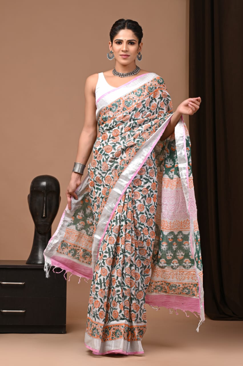 Pure Handmade Handblock Floral Printed Linen Saree